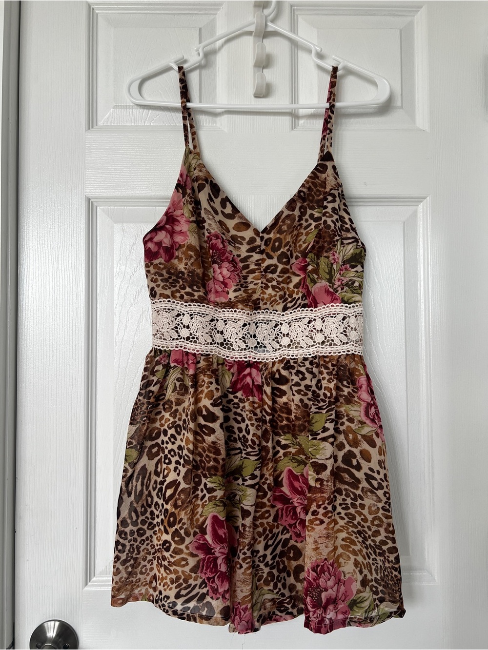Floral Leopard Print Crochet Waist Sundress - Pink, Brown, Green
